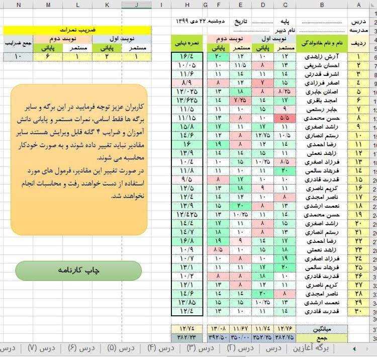 فایل اکسل گزارش نمرات مستمر و پایانی